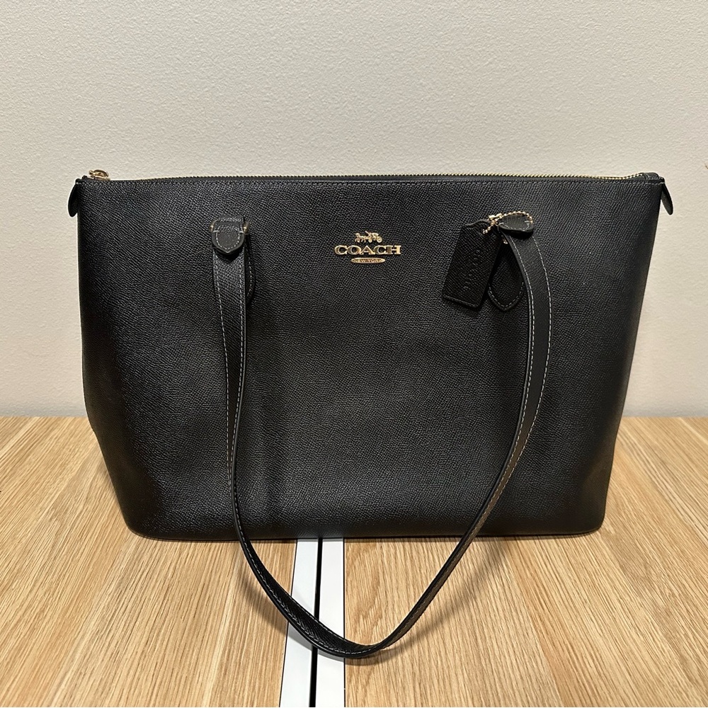 Coach Black Leather Zip-Top Tote with Gold Logo